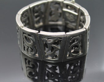 RARE! ANTONIO PINEDA Taxco Vintage Heavy Wide Hinged Sterling Silver Bracelet 7''