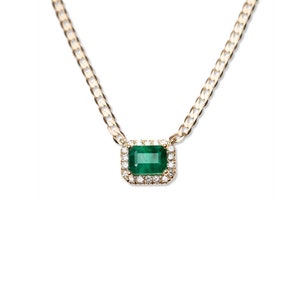 14k Emerald Halo Necklace, Genuine Emerald Necklace, 14k Emerald Necklace, Emerald Necklace With Diamonds, Solid Gold Emerald Necklace