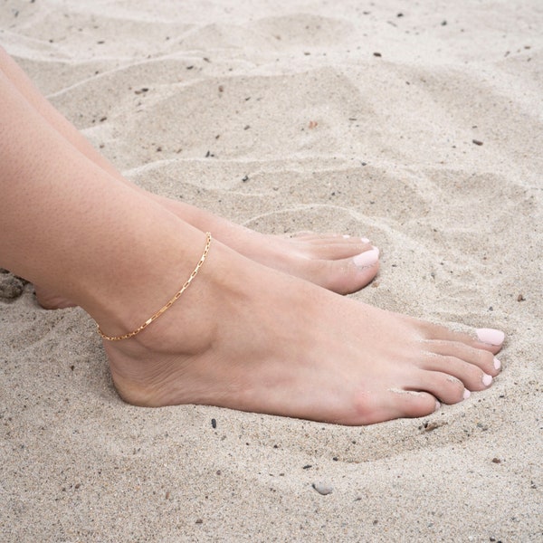 Gold Box Anklet, 14k Gold Anklet, Simple Gold Anklet, Chain and Link Anklet, Anklet, Chain Anklet, Spring, Summer, Gift, For Her,