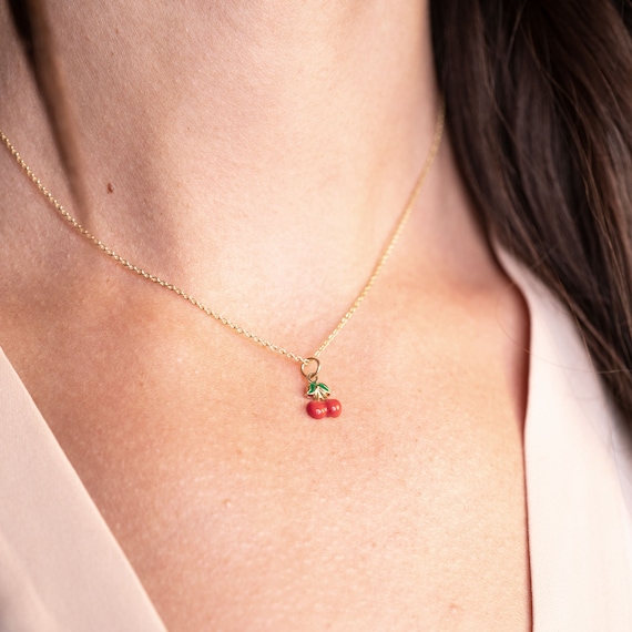 14k Gold Cherry Necklace, Gold Cherries Necklace, 14k Solid 14k Gold Cherry Necklace, Gold Cherries Necklace, 14k Solid