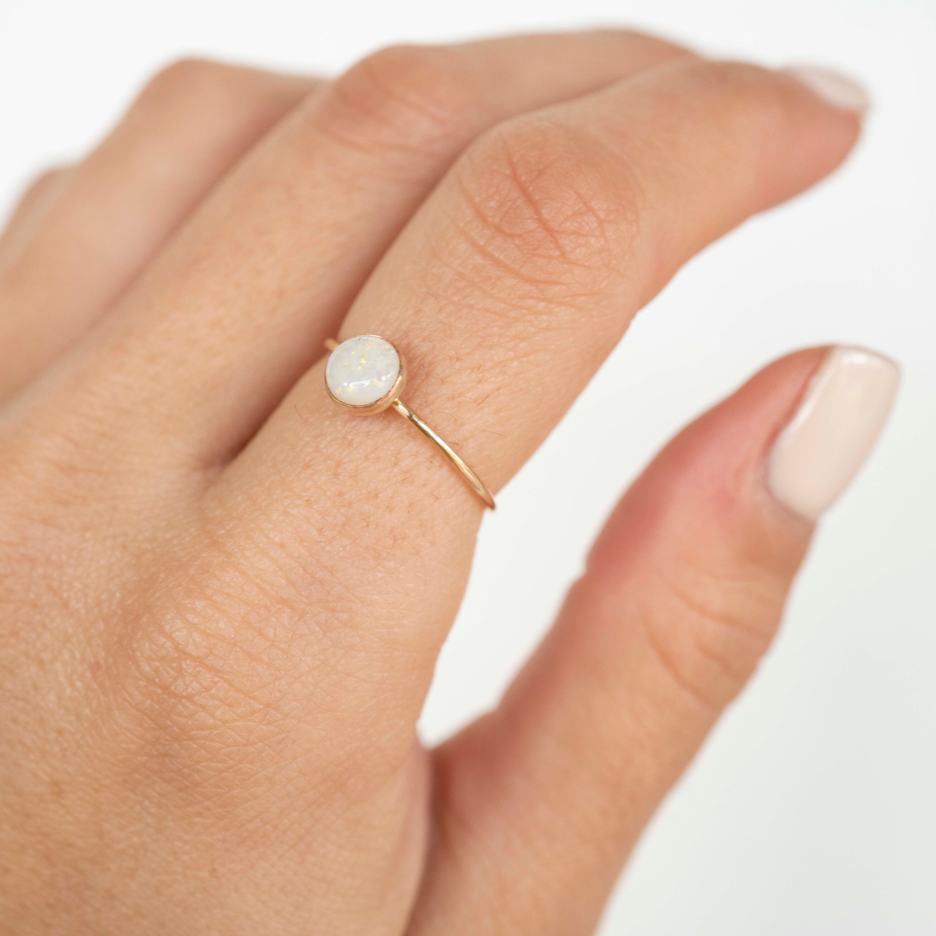 Bague Or Jaune 14K Et Opale Précieuse Cabochon – Multicolore, Taille 54, Vintage