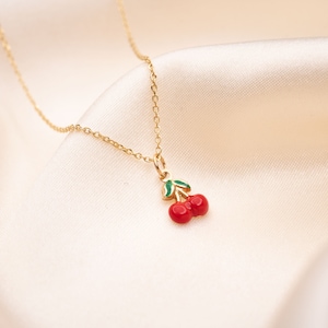 14k Gold Cherry Necklace, Gold Cherries Necklace, 14k Solid Gold, Gold Cherry Charm, 14k Dainty Necklace, Gift for her, Holiday Gift, Gold,