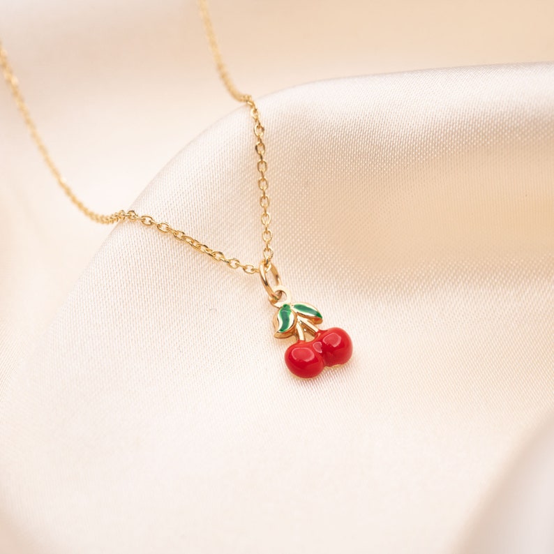 14k Gold Cherry Necklace, Gold Cherries Necklace, 14k Solid Gold, Gold Cherry Charm, 14k Dainty Necklace, Gift for her, Holiday Gift, Gold, image 1