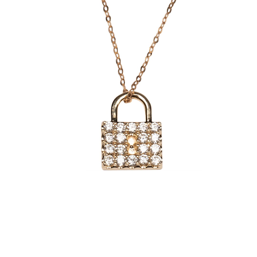 14k Diamond Padlock Necklace, Gold Lock Charm Necklace, 14k Diamond