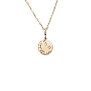 14k Diamond Crescent Moon Necklace, Diamond Moon Necklace, 14k Moon and Stars Necklace, 14k Celestial Necklace, Diamond Moon and Stars Charm