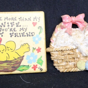 4 Vtg Ceramic Kitchen Magnets Kitten Basket Jaguar Hat Face Wife Best Friend