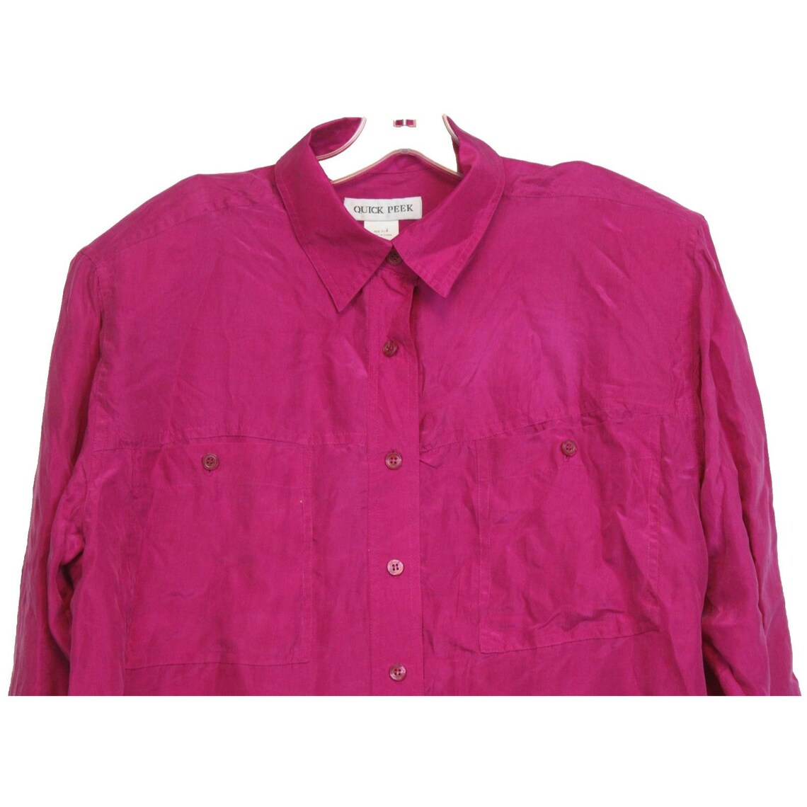 90s Vintage Silk Button-Up Shirt, Pink with Shoulder Pads, Women's Size 12, foto 2 di 5