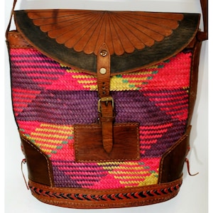 Vtg 1980s Straw Woven Purse Bag Leather Flower Tooling Braided South West Native