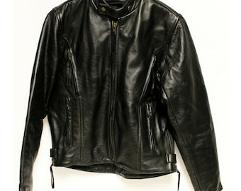 Vintage 90s Black Leather Biker Jacket, Padded Elbows, Size S/M