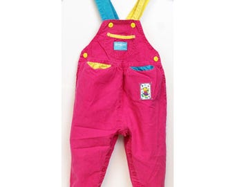 Vtg 90s Oshkosh Pink Colorblock Overalls girls 2T Dancing Bear Woven Flower USA