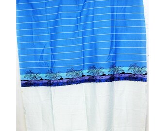 Vtg 1980s Blue Striped Cotton Fabric Beach Island Flowers Boats Purple 45"