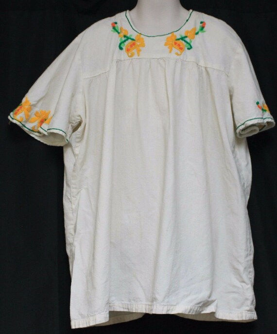 White Tunic Shirt Handmade Yellow Flower Mod Hippy