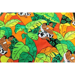 May include: A colorful fabric with a tropical print featuring women in traditional clothing and lush green foliage. The background is a vibrant orange.