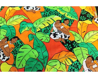 Vtg BTY Colorful Hawaiian Polynesian Leaves Women Tropical Tiki Fabric Peter Pan