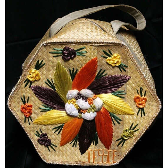 Vtg 60s Woven Tote Bag 6 sided Embroidered Raffia… - image 1