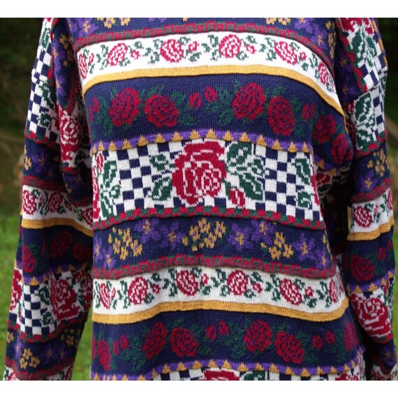 Vintage 80s Heartworks Sweater Striped Roses Chec… - image 3