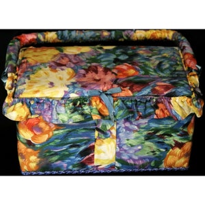 VTG 1980s 1990s Fabric Covered Sewing Basket Floral Multicolored Box Handle