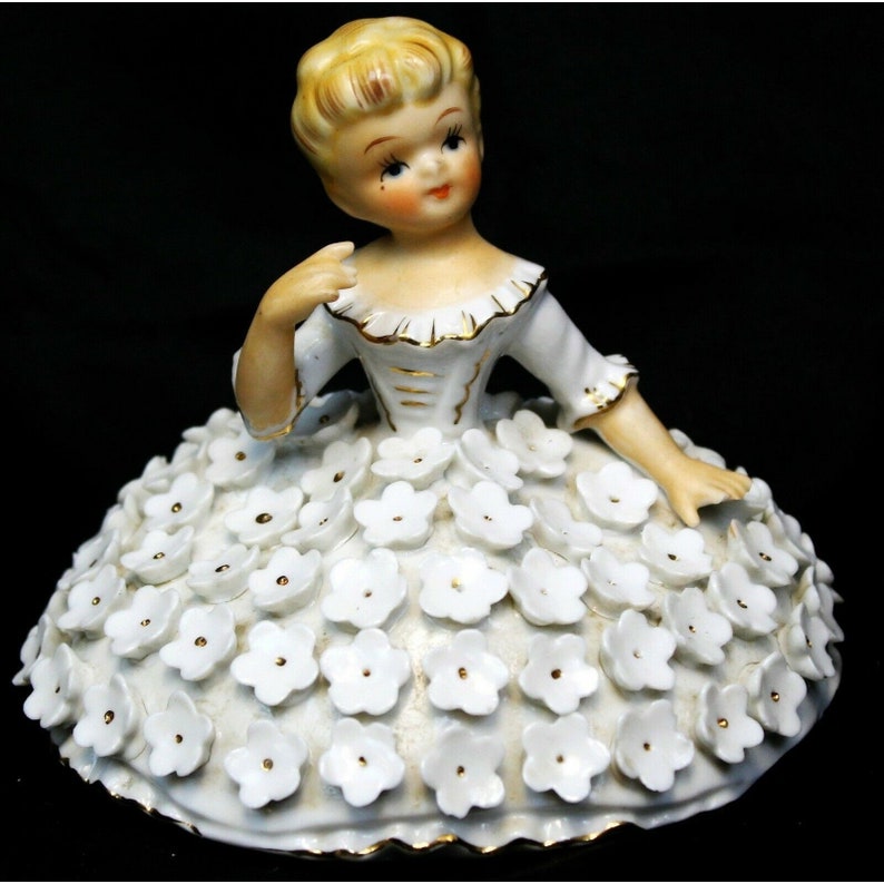 Vtg Mid Century Porcelain Doll Trinket Box Powder Jar White Floral Dress Dresser image 1