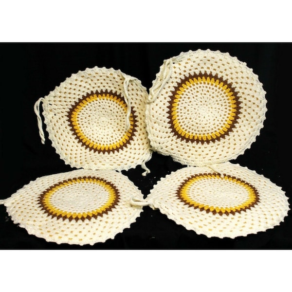 4 VTG 70's Handmade Crocheted Round Padded Chair Cushion Gold Beige Cottage Core