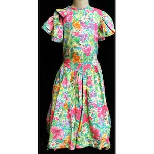 VTG 1990s Bright Multi-Color Floral Dress Girls Sz 10 Flutter Sleeve Bow Flare