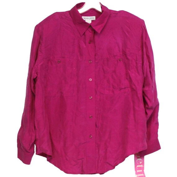 90s Vintage Silk Button-Up Shirt, Pink with Shoulder Pads, Women's Size 12