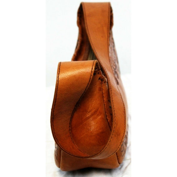 Vtg 1970s Tooled Leather Floral Baguette Purse Bo… - image 5