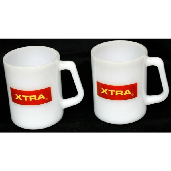 2 Vtg Federal White Milk Glass Mugs XTRA D-Handle 10 oz Made in USA Promo Logo