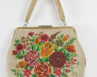 Beaded Purse Bag Clutch Floral Roses Floral Handle Clear White Beads