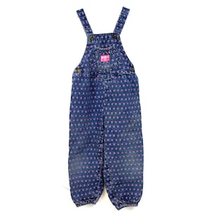 Vtg 1980s OshKosh B&#39;Gosh Denim Overalls Woven Flower Hearts Girls sz 4T