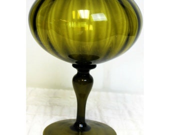 Vtg MCM Empoli Art Glass Footed Bowl Compote Ribbed Green Vase Optic