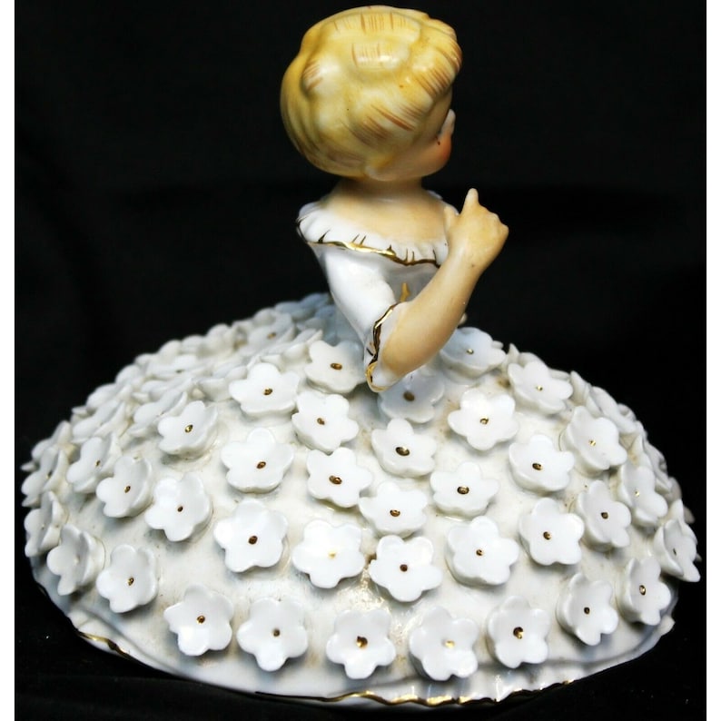 Vtg Mid Century Porcelain Doll Trinket Box Powder Jar White Floral Dress Dresser image 3