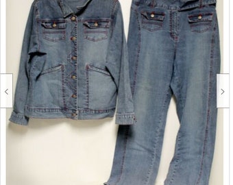 Vtg 1990s The Blues Denim 2-pc Outfit Blue Jeans Jacket Sz 1X/16 Stretch Retro