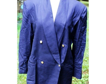Vtg 1980s Jason Roberts Suit Jacket Navy Double Breasted Blazer Women 16 Pockets