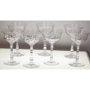 7 Rock Sharpe Halifax hoch Sherbet Champagner Glas Kristall Floral Etch Circa 40er Jahre