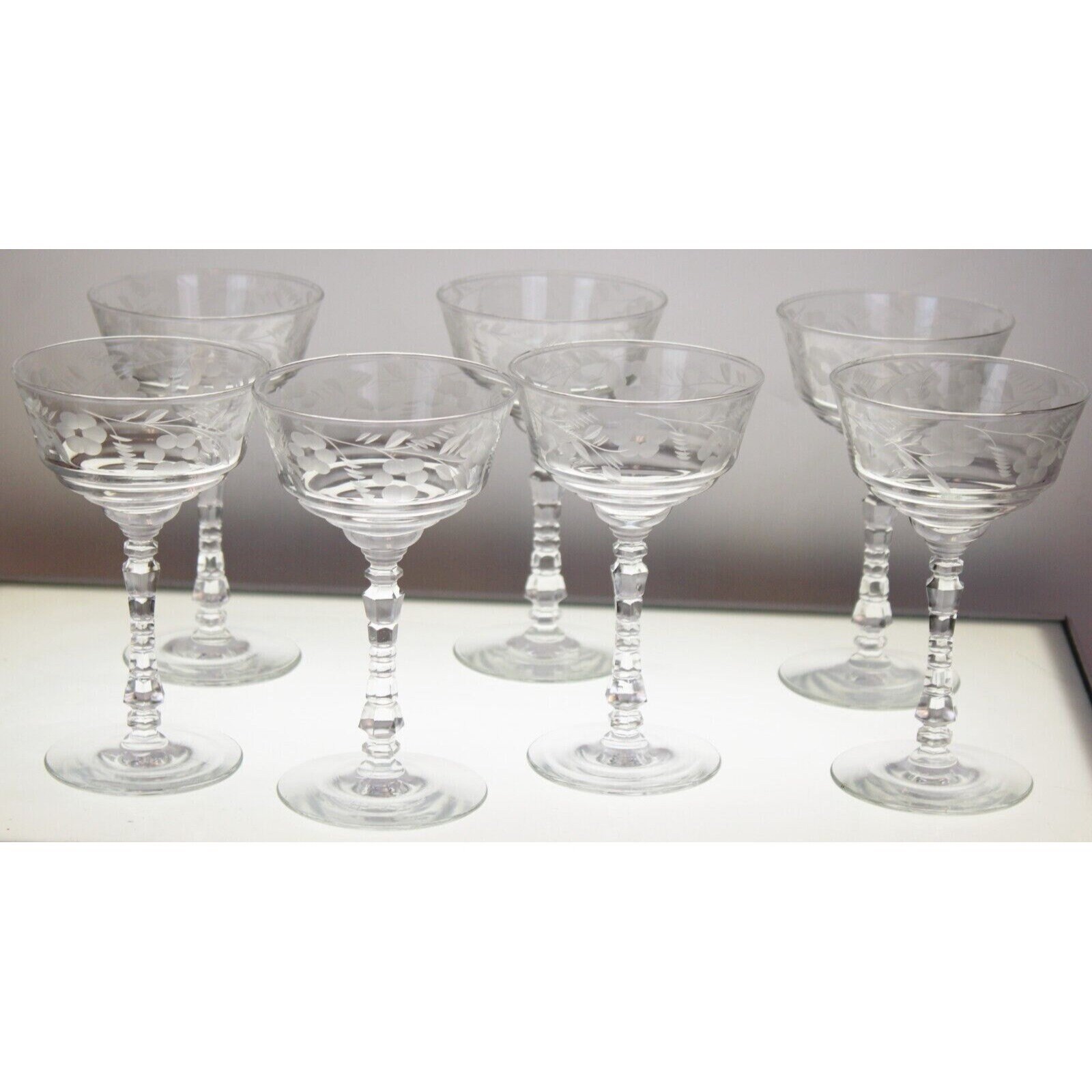 7 Rock Sharpe Halifax Tall Sherbet Champagne Glass Crystal Floral Etch Circa 40s