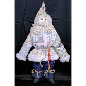 Vtg Handmade Santa Plush Rag Doll Quilted Sweater Hat Yarn Beard Hair Christmas