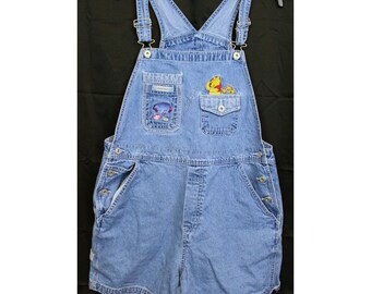 VTG 90's Disney Winnie The Pooh Jean Overalls sz XL Shorts Flowers Shortalls