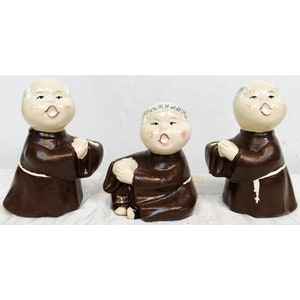 Vtg Hand Painted Monk Candle Stick Holders 3 Pc Set Ceramic Trio Set Thin Taper