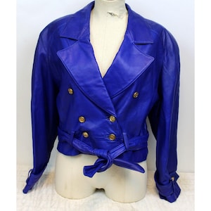 Vtg 80s Andrew Marc Blue Leather Jacket sz 8 Double Breast Biker Glam Rock Blue