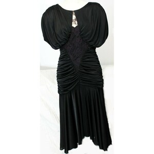 VTG Filigree Black Body Con Rouched Long Dress Lace Women 12 Cap Sleeve Ruched