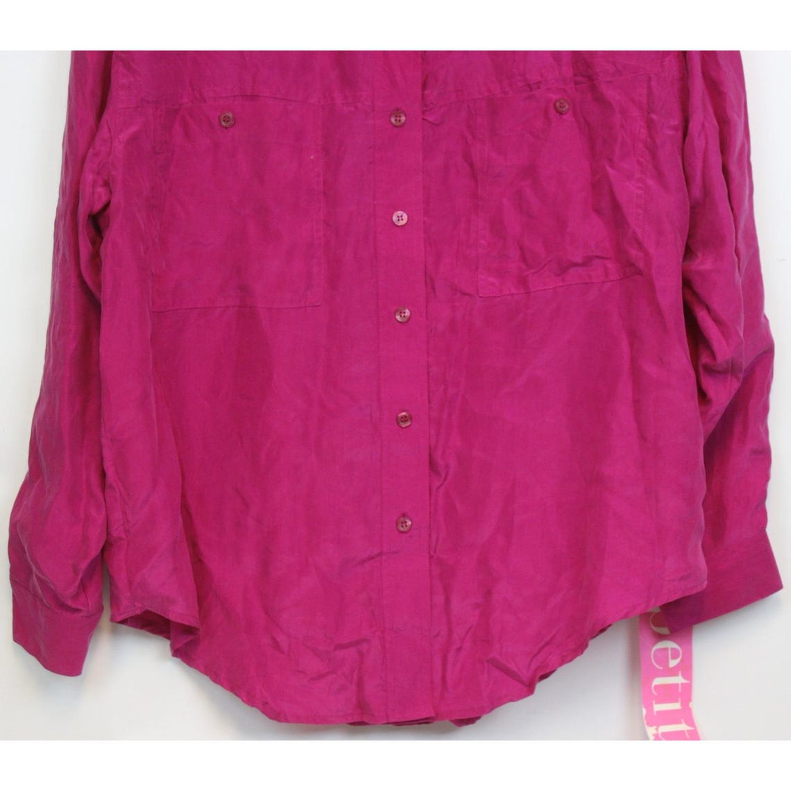 90s Vintage Silk Button-Up Shirt, Pink with Shoulder Pads, Women's Size 12, foto 3 di 5