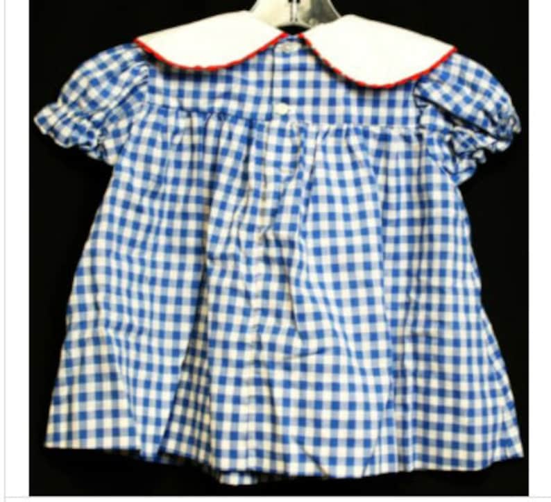 VTG 80s Blue Gingham Dress Sz 9-12M White Collar Short Sleeve Paint Palette