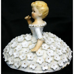 Vtg Mid Century Porcelain Doll Trinket Box Powder Jar White Floral Dress Dresser image 5