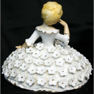 Vtg Mid Century Porcelain Doll Trinket Box Powder Jar White Floral Dress Dresser image 4