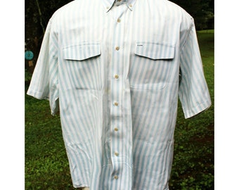 Vtg 90s Shelter Island Blue White Striped Short Sleeve Button Down Mens Sz XL