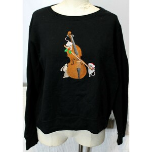 Christmas Mice Black Sweatshirt Women L Hanes Embroidered Playing Violin Holiday