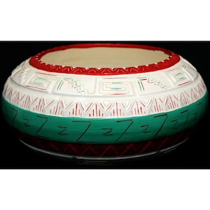 Hand Painted Ceramic Bowl Vase Indian Geometric White Green Red Striped Native