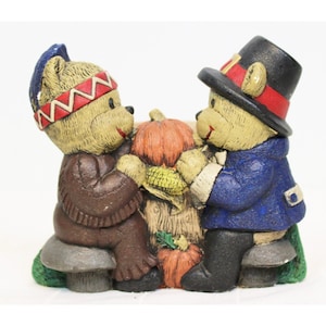 VTG 1996 Thanksgiving Keramik Serviettenhalter Pilgrim Indian Teddybären Kürbis