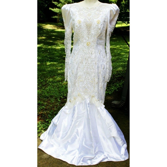 Vtg 80s Mermaid Wedding Dress sz 12 Puff Sleeves … - image 1