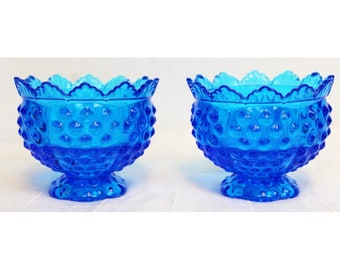 2 Pc Fenton Glass Hobnail Candle Holder Set Bowls Blue Round Bubble Taper